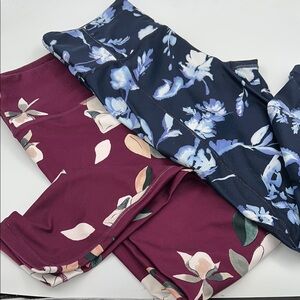 Athleta Floral Leggings Set of 2 M Burgundy and Navy